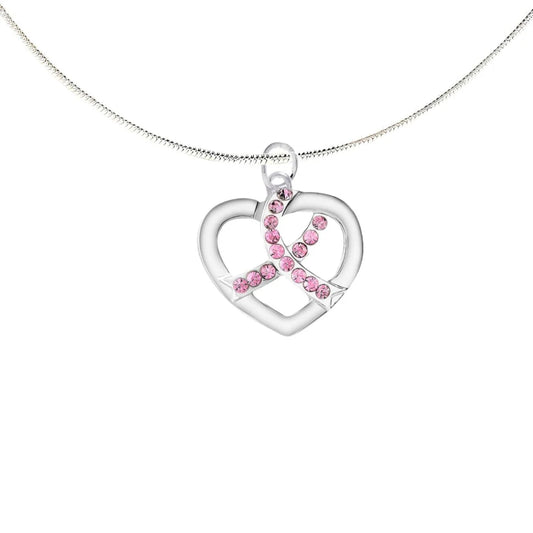 Silver Heart Crystal Pink Ribbon Necklace