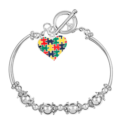 Autism Awareness Colored Puzzle Piece Heart Partial Beaded Bracelet
