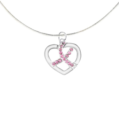 Silver Heart Crystal Pink Ribbon Necklace