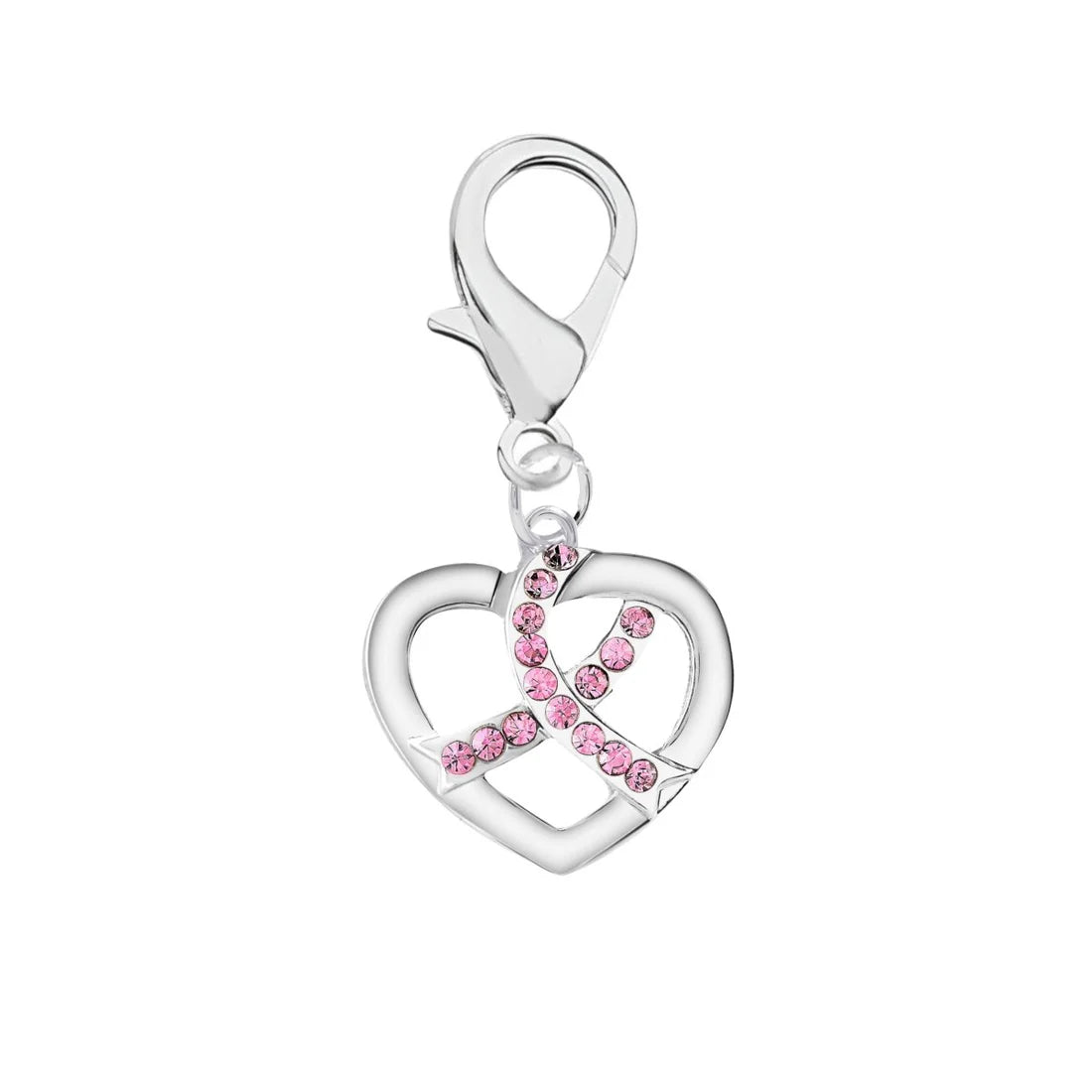 Silver Heart Crystal Pink Ribbon Hanging Charm