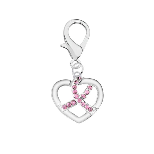 Silver Heart Crystal Pink Ribbon Hanging Charm