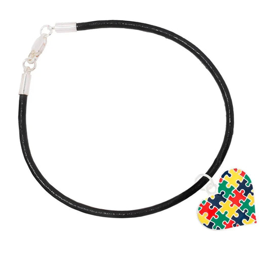 Autism Colored Puzzle Piece Heart Leather Cord Bracelet