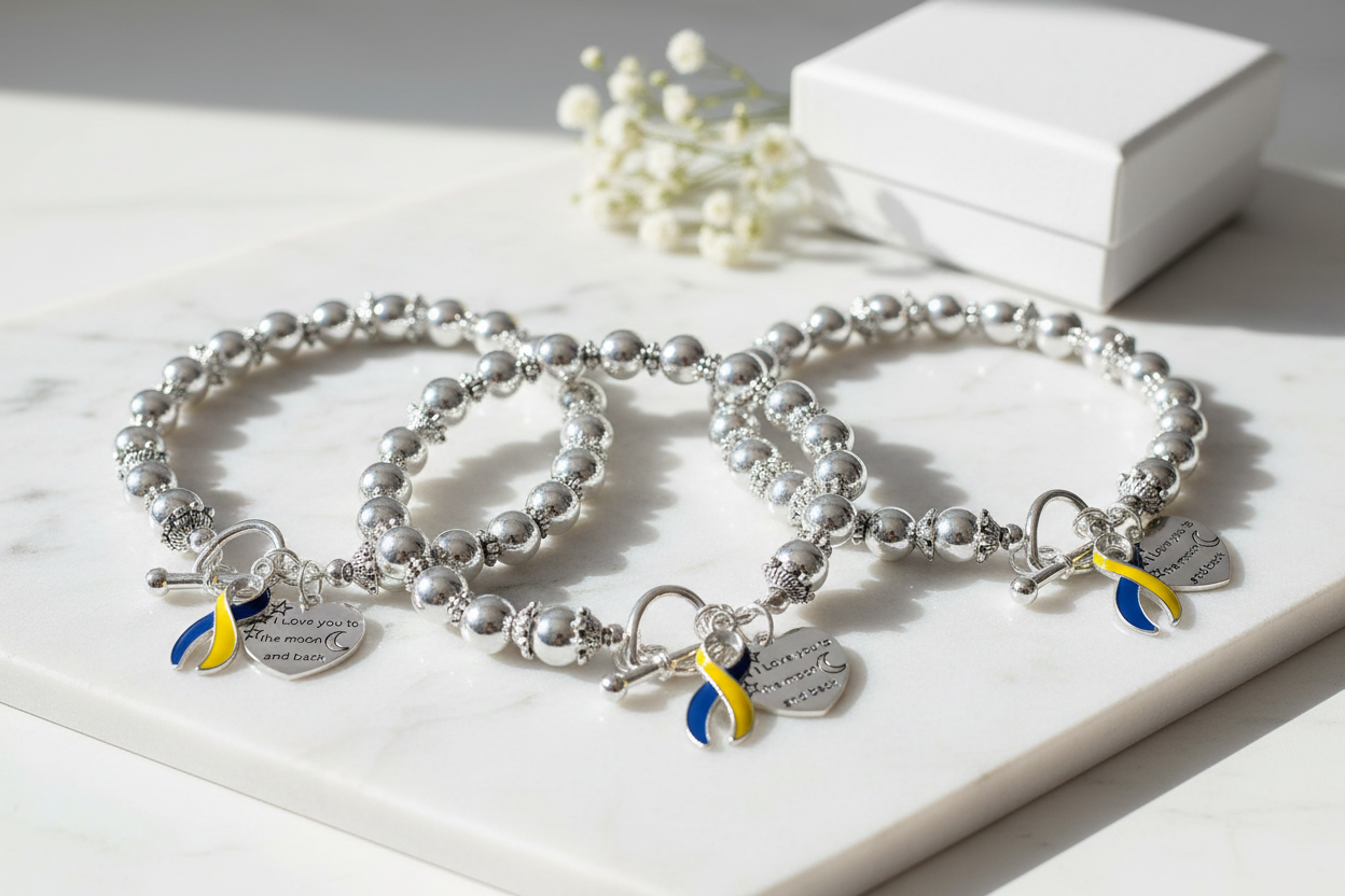 Blue & Yellow Ribbon Love You To The Moon Silver Beaded Bracelets