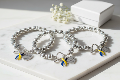 Blue & Yellow Ribbon Love You To The Moon Silver Beaded Bracelets