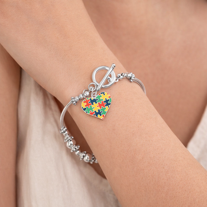 Autism Awareness Colored Puzzle Piece Heart Partial Beaded Bracelet